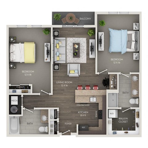 A floor plan of an apartment with a balcony, two bedrooms, a living room, a kitchen, a bathroom, a walk-in closet, and a dishwasher.
