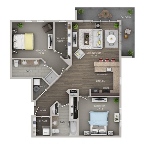 A floor plan of a house with a balcony, two bedrooms, a living room, a kitchen, a bathroom, a foyer, and a closet.