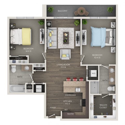 A floor plan of a balcony, bedrooms, living room, bathroom, kitchen, and pantry.