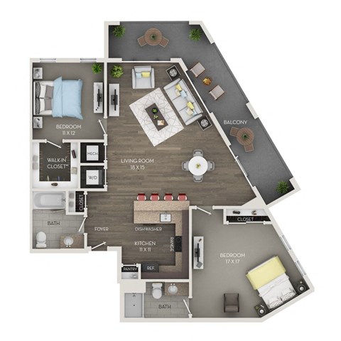 A floor plan of an apartment with a living room, kitchen, and two bedrooms.