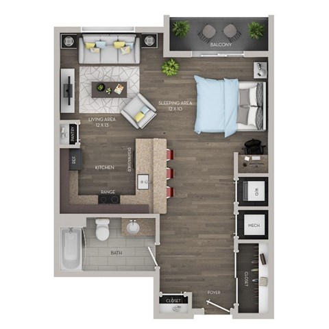 A floor plan of a small apartment with a living area, kitchen, bathroom, and balcony.