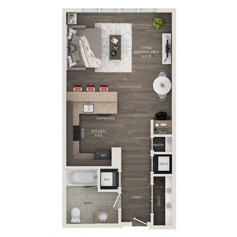 A floor plan of a small apartment with a living area, kitchen, bathroom, and bedroom.