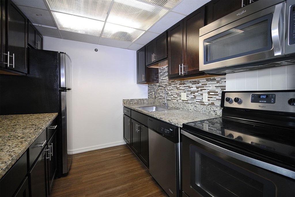 A kitchen with black cabinets and stainless steel appliances.