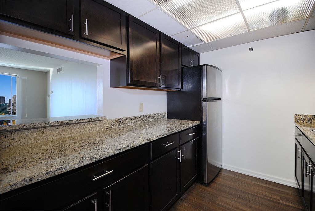 A kitchen with black cabinets and granite countertops.