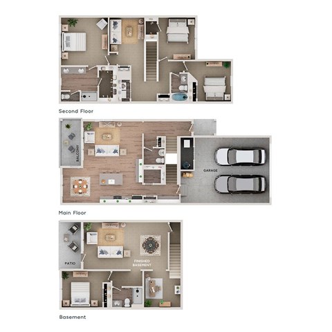 A floor plan of a house with a basement, main floor, and second floor.