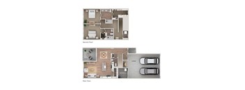 A floor plan of a house showing the layout of the second and main floor.