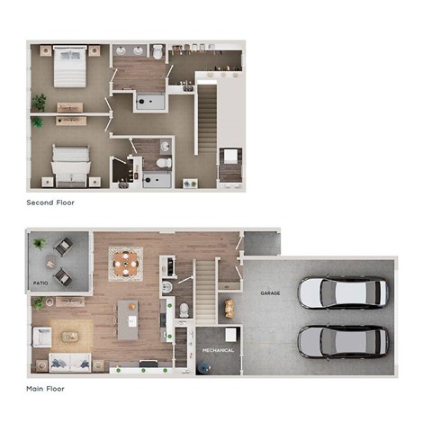 A floor plan of a house showing the layout of the second and main floor.