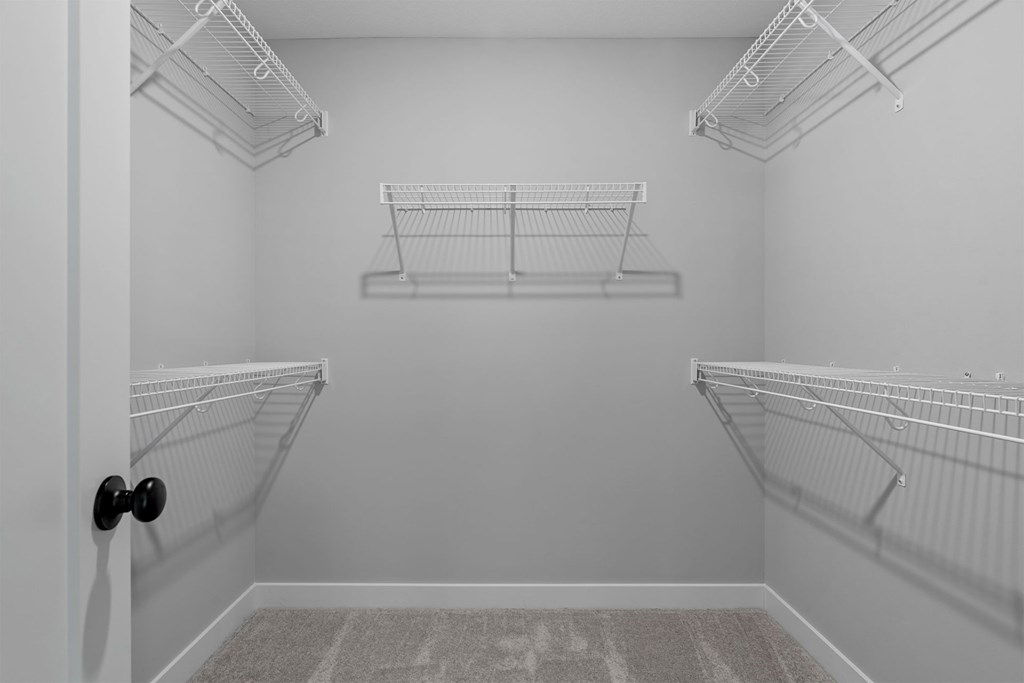 A white, empty pantry with a rug on the floor.