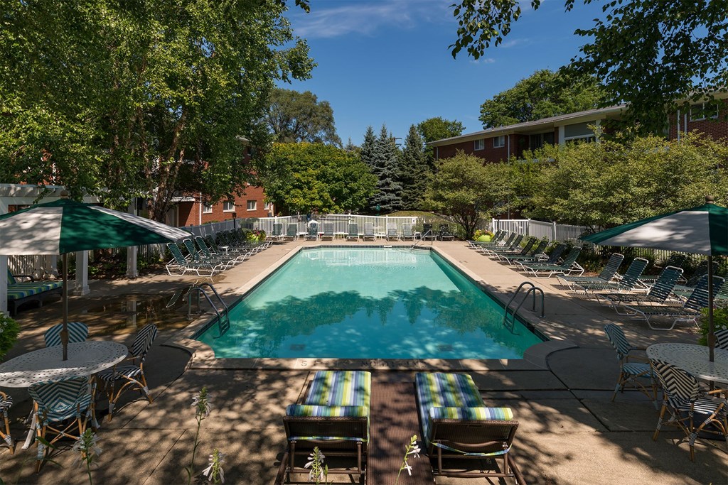 A pool surrounded by chairs and umbrellas.