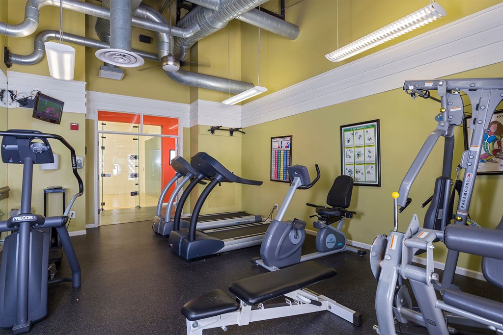 A gym with a variety of equipment including treadmills, elliptical machines, and weight machines.