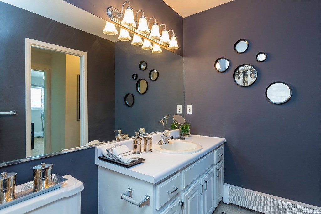 A bathroom with a white sink and a mirror above it.