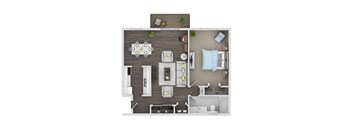 A top-down view of a modern living room with a dining area and a kitchen.