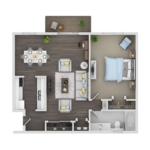 A top-down view of a modern living room with a dining area and a kitchen.