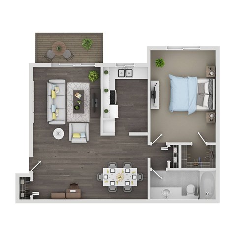 A top-down view of a modern apartment layout with a kitchen, living room, dining area, and bathroom.