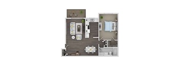 A top-down view of a modern apartment layout with a kitchen, living room, dining area, and bathroom.