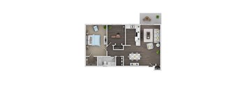A top-down view of a modern apartment layout with a kitchen, living room, dining area, and bathroom.