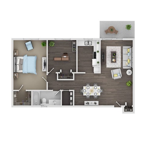 A top-down view of a modern apartment layout with a kitchen, living room, dining area, and bathroom.