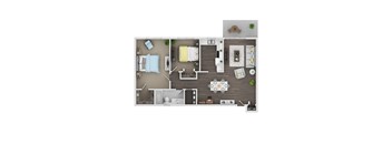 A top-down view of a well-organized apartment with a kitchen, living room, and bathroom.