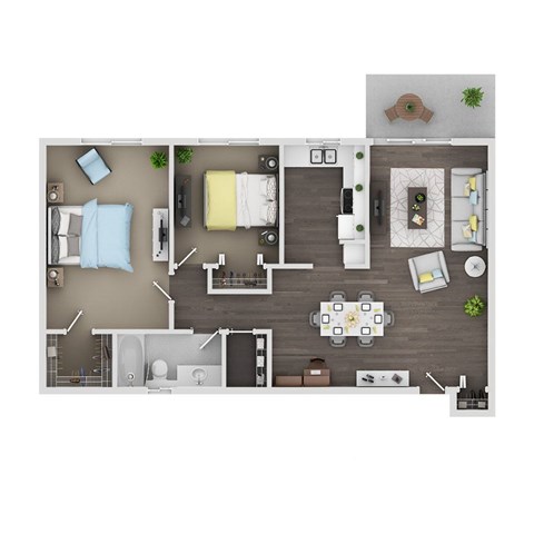 A top-down view of a well-organized apartment with a kitchen, living room, and bathroom.