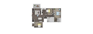 A floor plan of a house with a living room, two bedrooms, a kitchen, and a bathroom.