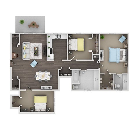 A floor plan of a house with a living room, two bedrooms, a kitchen, and a bathroom.