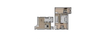A floor plan of a two-story residential building with a kitchen, living room, bedrooms, and bathrooms.
