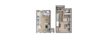 A 3D floor plan of a two-bedroom apartment.