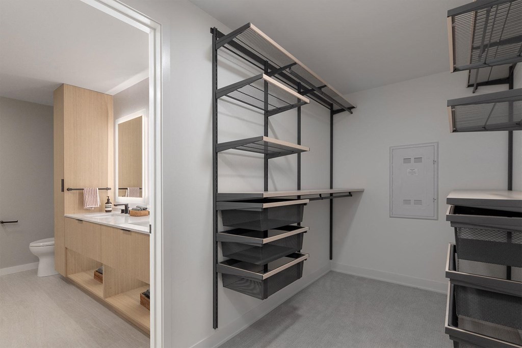 A bathroom with a walk-in closet with shelves and drawers.