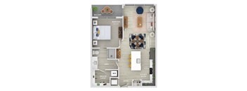 A floor plan of a small apartment with a balcony, bedroom, bathroom, kitchen, and walk-in closet.