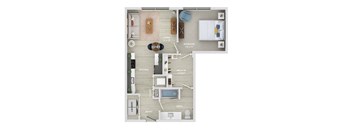 A floor plan of a small apartment with a bedroom, bathroom, kitchen, and living room.