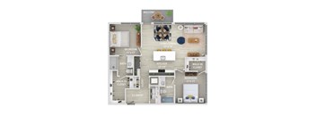 A floor plan of an apartment with a living room, two bedrooms, a bathroom, a kitchen, and a balcony.