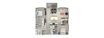 A floor plan of an apartment with a living room, two bedrooms, a kitchen, a bathroom, and a balcony.