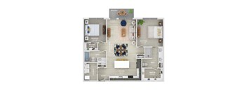 A floor plan of a house with two bedrooms, a living room, a kitchen, a bathroom, and a balcony.