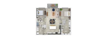 A floor plan of a house with two bedrooms, a living room, a kitchen, a bathroom, and a balcony.