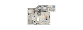 A floor plan of a two-bedroom apartment with a living room, kitchen, and bathrooms.
