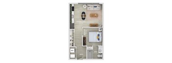 A floor plan of a small apartment with a kitchen, living room, bedroom, and bathroom.