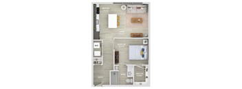 A floor plan of a small apartment with a kitchen, living room, bedroom, and bathroom.