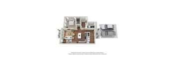A 3D floor plan of a house with a kitchen, living room, dining room, and two bedrooms.