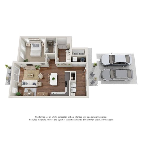 A 3D floor plan of a house with a kitchen, living room, dining room, and two bedrooms.