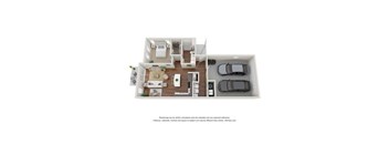 A 3D floor plan of a house with a kitchen, living room, and two bedrooms.