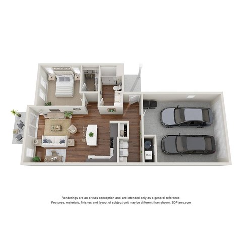 A 3D floor plan of a house with a kitchen, living room, and two bedrooms.