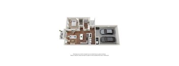 A 3D floor plan of a house with a kitchen, living room, bedrooms, and a garage.