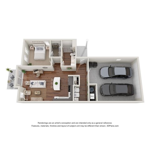 A 3D floor plan of a house with a kitchen, living room, bedrooms, and a garage.