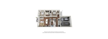 A 3D floor plan of a house with a kitchen, living room, and two bedrooms.