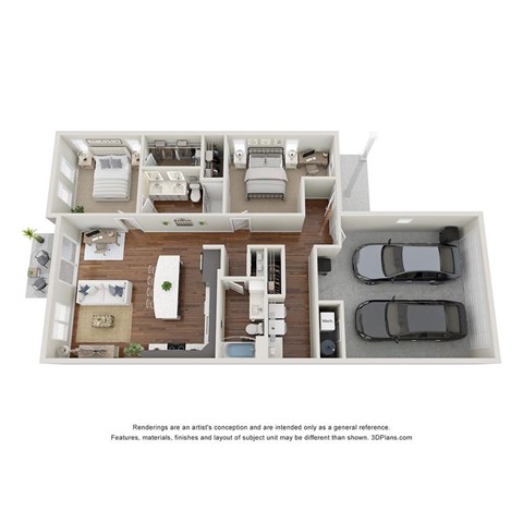 A 3D floor plan of a house with a kitchen, living room, and two bedrooms.