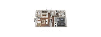 A 3D floor plan of a house with a kitchen, living room, and two bedrooms.
