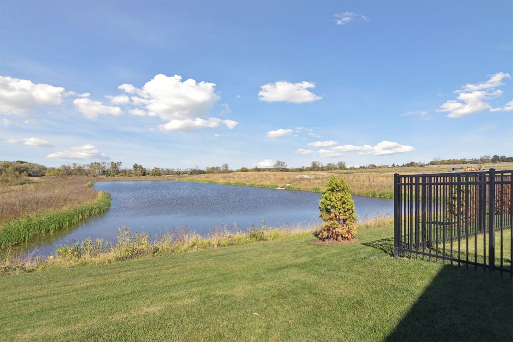 a view of a pond with a wrought iron fence in front of it
