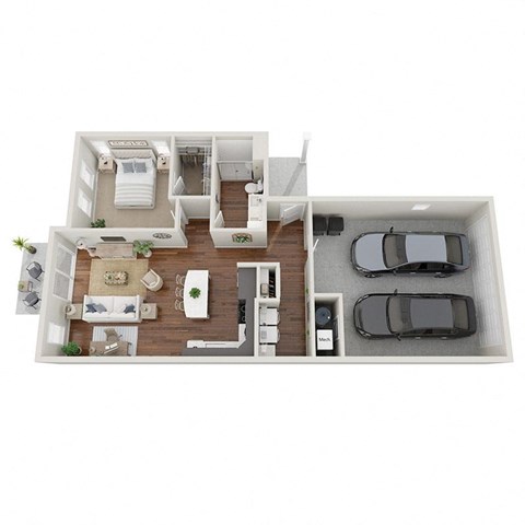 floor plan of a 1 bed 1 bath rental home with garage