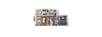 floor plan of a 2 bed 2 bath rental home with garage