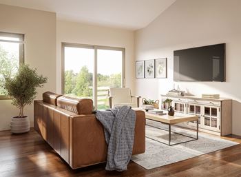a living room with a leather couch and a tv